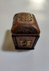 Antique Hand Carved Wooden Jewelry Casket W  Brass Inlays Signed  mereil  