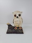 Antique Heavy Cast Iron Baby Owl On Log  Coin Bank Statue Figure With Glass Eyes