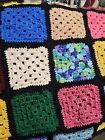 Handmade Crochet Afghan Throw Blanket Black Multi Color Granny Square 72  X 60  