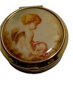Vintage Miniature Pill Box Round Cherub Angel On Gold Tone 