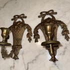 Pair Of Brass Sconce Wall Candle Stick Holder Vintage Flowers In Basket