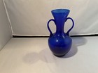 Vintage Heavy Cobalt Blue Double Handled Glass Vase  8 1 4    Tall -b6