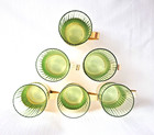 Vtg  Mid Century Tea Glass Holder W  Brass Finish - Green Faceted Glass Set Of 6