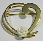 Vtg Unusual Abstract Heart Off White Flower Open Work Brooch Pin Gold Tone Metal
