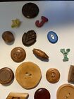 Vtg Wooden Button Lot 25 Carved Shapes Hearts Stars Primitive Rustic Sewing