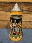 Vintage German Beer Stein Ceramic - Earthenware W  Pewter Lid