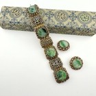 Chinese Export Carved Jade Jadeite Gilt Silver Bracelet   Earrings Set