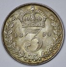 1890 Great Britain Jubilee Silver 3p Threepence Brilliant Unc