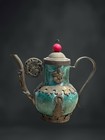 Green Stone Vintage Old Ceremonial Chinese China Brass Teapot
