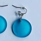 Blue Frosted Sea Glass Style Disc Earrings Silver Tone Coastal Nautical Beachy