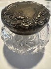 Art Nouveau Pressed Glass Powder Trinket Dresser Vanity Jar Embossed Metal Lid
