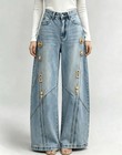 Women s Blue Denim Jeans Straight Leg Casual Pants Trousers Punk Metal Decor New