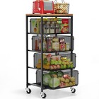 Wooden Top Kitchen Cart With Drawers  Lockable Wheels  Black Storage Trolley