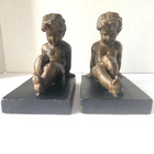 Vintage Pair bronze Finish heavy Cast Iron Cherub Bookends very Good Condition 