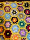 Vintage Grandmothers Flower Garden Yellow Hand Sewn Quilt 76 x 92  Scalloped Exc