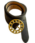 Vintage Belt Black Leather Brass Tone Buckle Uruguay Round Circle Unisex Size M