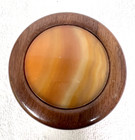 Vintage Round Wood Stone Orange Agate Inlay Trinket Jewelry Box Lid Felt Lined