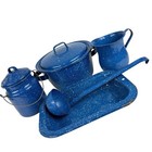 Enamelware Cooking Camping Set Blue Speckled Metal Pots Pan Ladle 7 Piece