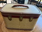 Vintage 1940s 50s Brown Tweed Hard Travel Train Case  Leather Brass Foot Mirror