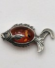 Vintage Amber Fish Cabachon Jelly Belly Lapel Pin Brooch Silver-tone 1 5  Long