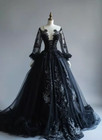 Black Gothic Wedding Dresses Long Sleevce V Neck Lace Up Sweep Train Bridal Gown