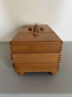 Vtg Wood Accordion Fold Out Sewing Box Basket Dove Tailed Drawer Romania 2 Tier