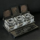 Antique Victorian Footed Metal Inkwell Stand Hinged Flaps 3 Square  Glass Jugs