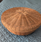 Vintage Round Wicker Sewing Basket Lid 8  Boho Rattan Storage Primitive