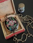 Antique Cloisonn   Pill Box Pendant Necklace     Enamel Trinket Locket Collectible