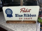 Vintage Pabst Blue Ribbon 11  Reverse Painted Glass   Wood  Bar Countertop Sign