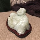 Antique Chinese  Happy Sitting Buddha Figure  Hand Carved  Hardwood Base