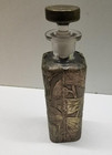 Vintage Glass Perfume Bottle Or Decanter  W  Metal Floral Overlay Exc