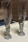 Vintage Seagull Canada Pewter Etain Zinn Handblown Glass Champagne Flutes Pair-2