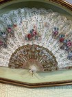 Antique Victorian French Hand Fan In Shadow Box   Hand Painted  Mother Of Pearl