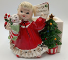 Vtg  Samson  Relpo 456s Girl Cat Merry Christmas Tree Planter Spaghetti Trim