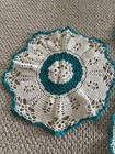 Lot 3 Handmade Cottage Lace Turquoise Crochet Doily Doilies White Blue 12-13 
