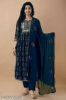 Women   s Ethnic Indian Anarkali Suit Set     Navy Blue Embroidered Kurta With Dupat