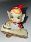 Vintage Red Pixie Elf Leaning On Tree Log Japan  christmas Elves Gnomes Sprites
