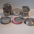Vintage Metal Pretend Play Cookware Lot Pots Pans Lids Bundt Mold Silver