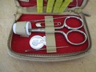 Vintage Travel Sewing Case  Thread  Needles  Clips  Scissors  Leather Case