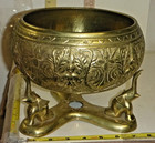 Antique Hand-carved Brass Bowl On 3-elephant Stand -ceylon  8 dia X 6 h