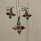 Southwest Sterling Silver Coral   Turquoise Cross Pendant Necklace   Earrings 