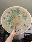 Vintage Asian Paper Parasol Umbrella Bamboo Wood Handle Floral Bird Print