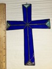 Vintage Cobalt Blue Green Stained Leaded Art Glass Cross Sun Catcher Beveled