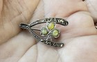 Vtg Irish Connemara Marble Wishbone Shamrock Marcasite Sterling Silver Brooch