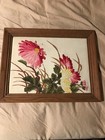 Vintage Crewel Needlepoint Textile Art Of Pink Flowers With Green Foliage