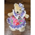 Vintage 90s Applause Teddy Bear Floral Dress Purple White Lace Bow Plush Toy