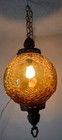 Vtg Mid Century Amber Glass Swag Lamp Grape Leaves Pattern Hanging Ceiling Chain
