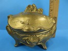 Art Nouveau Footed Jewelry Trinket Box Casket Flower Design Gold Tone Gorgeous 