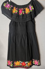 Mexican Embroidered Handmade Dress Medium To Large Fit Off Shoulder Black Floral